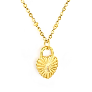 Golden heart lock necklace with sunburst texture and polished stainless steel chain