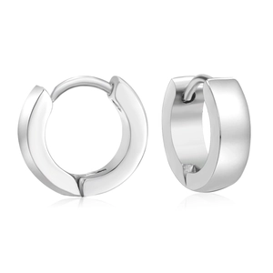 Polished stainless steel huggie hoop earrings for women in a minimalist silver finish
