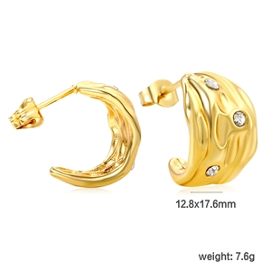 Detailed view of gold C-shape wavy earrings with cubic zirconia and 12.8x17.6mm size