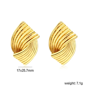 18K gold twisted leaf earrings with geometric striped texture for a minimalist style