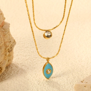 Double Layered Stainless Steel Necklace With Blue Evil Eye Enamel Pendant And Round Zircon Jewelry For Women