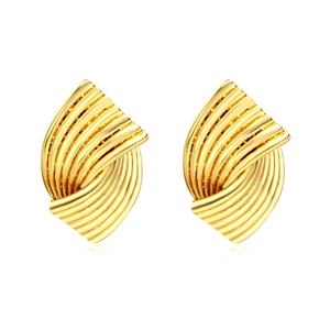 Polished 18K gold plated stainless steel curved leaf earrings with vertical texture