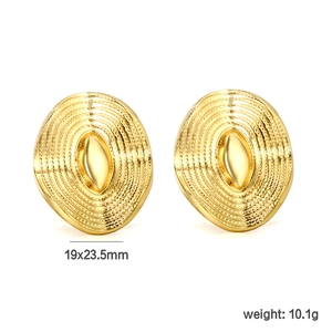 Detailed view of golden oval earrings with concentric wave texture and 19x23.5mm size