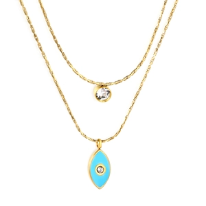 Double-layered gold evil eye necklace with blue enamel pendant and zircon stone