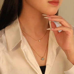 Double Layer Necklace Stainless Steel Evil Eye Pendant Round Zircon Fashion Clavicle Chain For Women Ins Style Jewelry