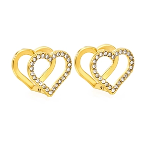Boucles d'oreilles double cœur plaquées or 18 carats avec zircons blancs incrustés