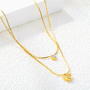 Collier double épaisseur en acier inoxydable doré avec pendentif cœur style français