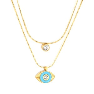 Double-layered golden stainless steel necklace with evil eye and zircon pendants