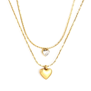 Collier double couche en acier inoxydable doré avec cœur en zircon blanc et pendentif cœur