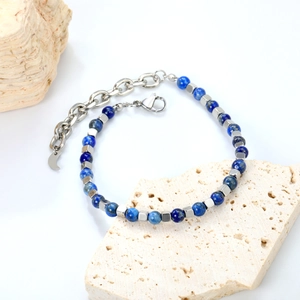 Bohemian lapis lazuli beaded bracelet with stainless steel moon pendant and lobster clasp