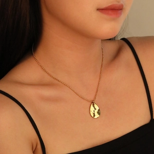 18K gold plated necklace with hammered teardrop pendant on a delicate ball chain