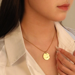 Hammered Texture Geometric Pendant Necklace 18K Gold Plated Stainless Steel Ball Chain Jewelry For Women