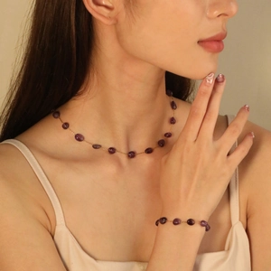 Vintage stainless steel necklace and bracelet set with purple amethyst stones for women