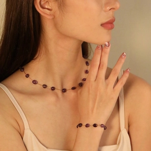 Vintage purple amethyst pendant necklace and bracelet set with gold chain for women
