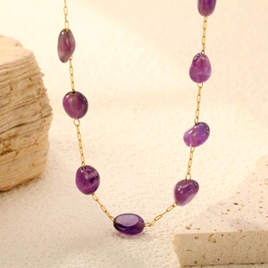 Irregular Amethyst Stone Necklace And Bracelet Stainless Steel Gold Plated Retro Jewelry For Women