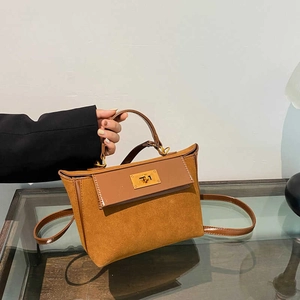 Women Vintage Suede PU Leather Handbag Metal Twist Lock Top Handle Crossbody Shoulder Bag Retro Spliced Daily Commuting