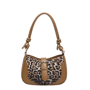 Vintage leopard print shoulder bag for women with knotted handle and gold buckle