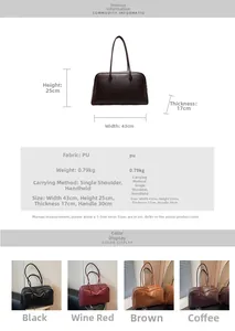 Detailed size specifications and color comparison of the large PU leather hobo shoulder bag