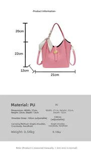 Detailed size chart for pink PU leather bucket bag with exact dimensions and strap length