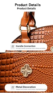 Détails de la texture crocodile et des finitions trèfle doré sur le sac à main marron