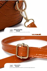 Détail de sac en cuir texturé orange avec boucle dorée et bandoulière amovible