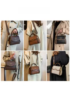 Collage of leather handbags in four colors showing wide strap crossbody style
