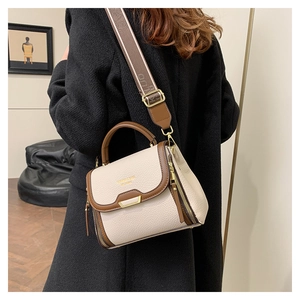 Detail of cream and brown crossbody bag featuring lychee texture and gold hardware