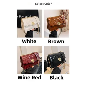 Close-up of quilted crossbody chain bags in white, brown, wine red, and black leather