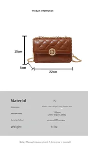 Detailed size chart for the brown quilted crossbody bag showing 22x15x8 cm dimensions