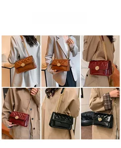 Quilted flap chain bag shown on models in brown, burgundy, and black classic colors