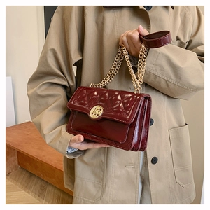 Detailed shot of dark wine red quilted leather bag with gold circular hardware and chain
