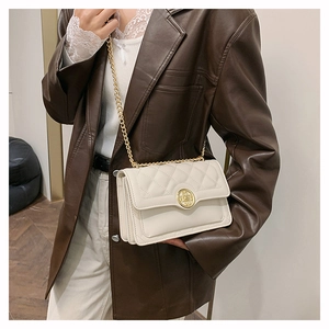 Detail of quilted beige crossbody bag with gold chain strap and vintage metal buckle
