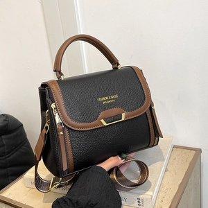 Women's Fashion Lychee Texture PU Leather Crossbody Bag Contrast Color Handbag With Wide Strap Gold Hardware Commute Purse