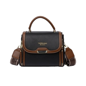 Chic black and brown leather handbag with litchi texture and woven shoulder strap