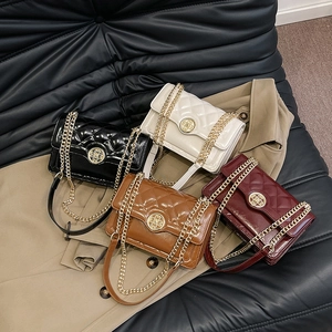 Quilted crossbody bag with chain strap in black, cream, mocha, and burgundy colors