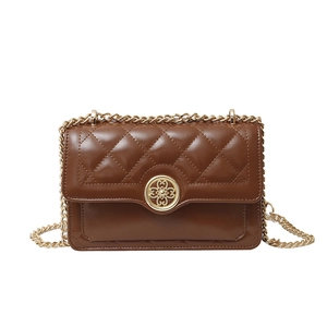 Deep brown quilted chain shoulder bag with gold floral buckle and classic stitching