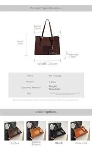 Detailed size specifications and material chart for the large PU suede tote bag