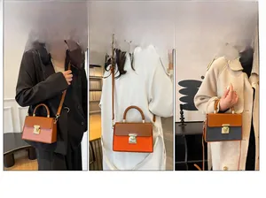 Three-way fashion box bag showing crossbody, shoulder, and handbag styles in three colors