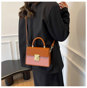 Retro colorblock box bag with pink pleated texture and gold clasp shown on a shoulder