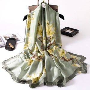 Women's Elegant Magnolia Flower Print Satin Scarf Large Soft Shawl Wrap Lightweight Sunscreen Scarf For Daily Office Travel