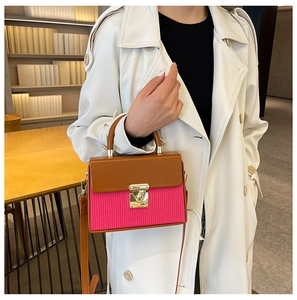 Detail of color-block mini box bag with gold twist lock and rose red textured fabric