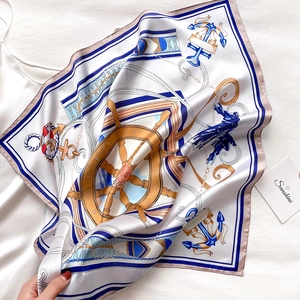 Elegant nautical silk square scarf with anchor and steering wheel print in navy and gold