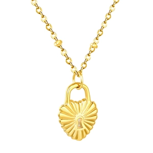 Collier vintage doré avec pendentif cadenas cœur à texture soleil et chaîne perlée