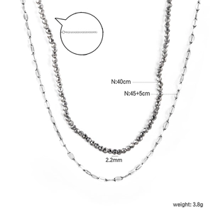 Detail showing dimensions of double-layered stainless steel bead and link chain necklace