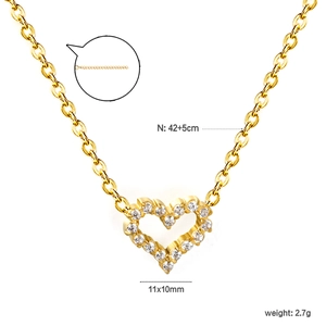 Golden stainless steel heart pendant necklace with rhinestones and 42+5cm chain link