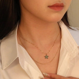 Double Layer Pendant Necklace Stainless Steel Green Zircon Flower Gold Plated Clavicle Chain Elegant Jewelry For Women