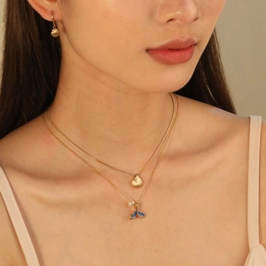 Ozean Muschel Meerjungfrau Schwanz Anhänger Halskette Und Ohrringe Vergoldeter Edelstahl Blaues Email Künstliche Perle Sommer Strand Schmuck Für Damen
