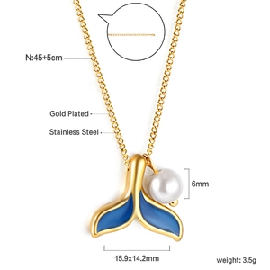 Gold plated stainless steel mermaid tail necklace with blue enamel and pearl pendant