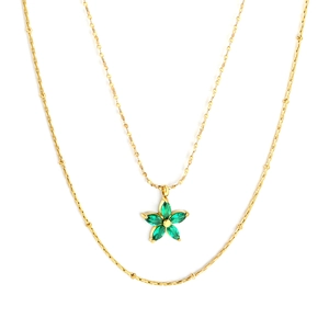 Double-layered gold flower necklace with green zirconia petals and beaded chain detail