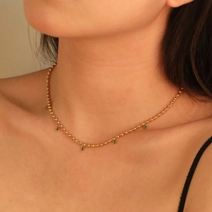 Vintage 18K gold plated stainless steel necklace with five emerald teardrop charms